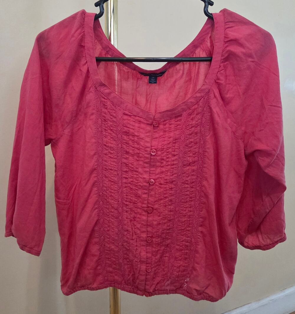 American Eagle Cottagecore Coral Pink Pintuck Lace Blouse S Boho Peasant Top